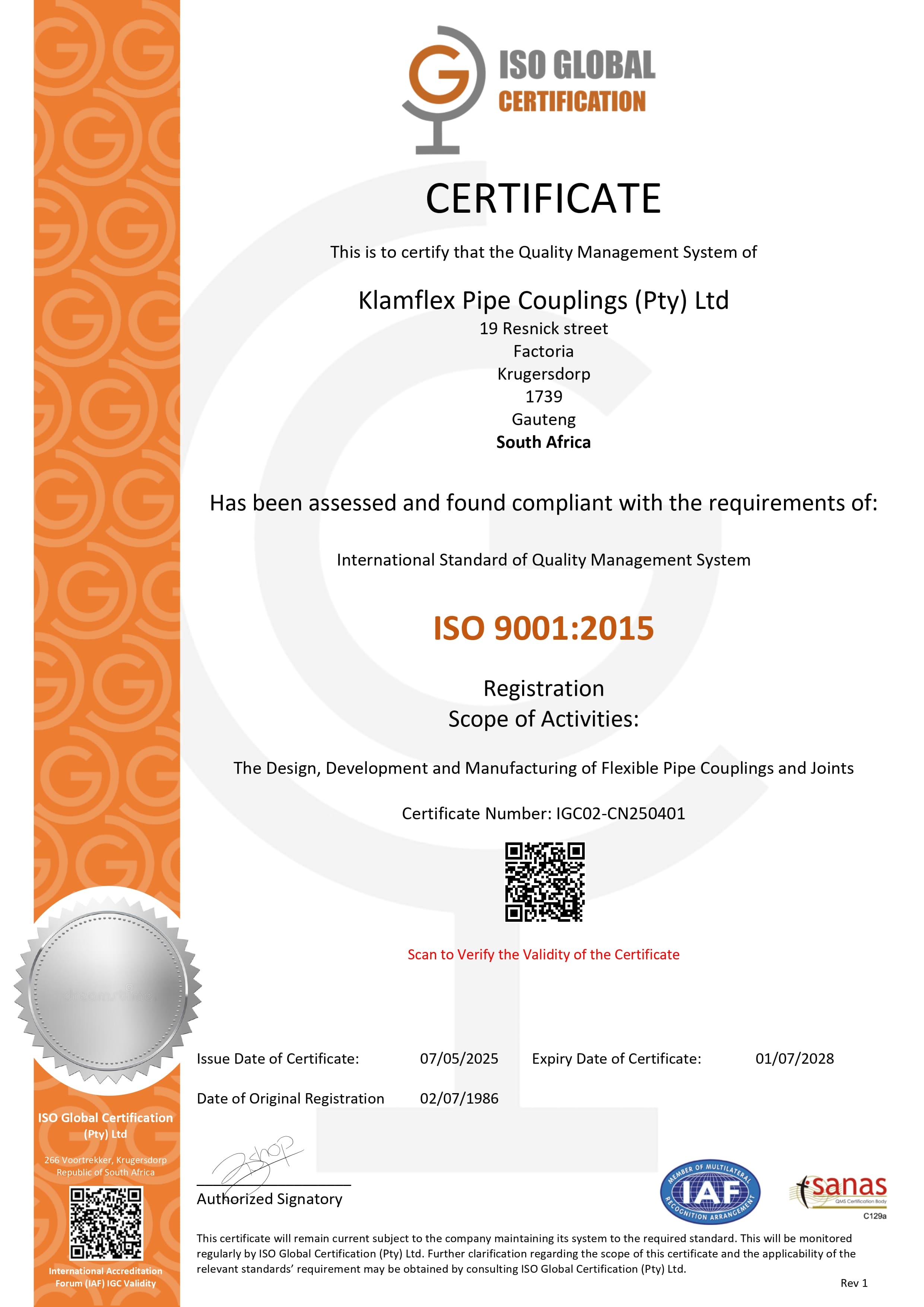 Klamflex ISO Global Certification Certificate ISO 9001:2015 IGC02-CN250401
